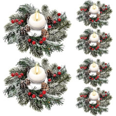 KAHEIGN 8 x Christmas Candle Rings, 20 cm Artificial Red Berries Wreaths Christmas Candle Rings Snowy Pine Needles Candle Holder for Christmas Table Decoration, Pine Cone Candle Ring Garland