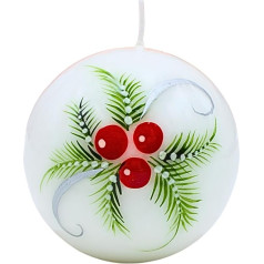 Dekohelden24 Elegant ball candle, table candle, decorative candle, wax candle with Christmas motif, Christmas candle as a ball 10 cm with fir branches and berries, in white, red and green.