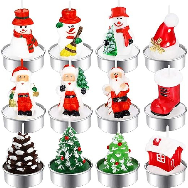 12 Ziemassvētku tējas gaismas sveču iepakojums Ziemassvētku Ziemassvētku Ziemassvētku sveces Handmade Delicate Santa Claus, Sniegavīrs, Priežu čiekuri, Ziemassvētku eglīte Ziemassvētku cepures sveces, Ziemassvētku Xmas dekorēšana