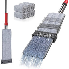 MASTERTOP Microfibre Flat Mop, 132 cm Floor Mop with 6 Reusable Microfibre Pads, Wiper with Wring Function for Cleaning Hardwood, Tiles, Laminate, Marble – Grey + Red