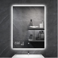 byecold Vannas istabas spogulis ar LED apgaismojumu 60 x 80 cm, vannas istabas spogulis pret miglošanos ar skārienjutīgu slēdzi, vannas istabas sienas spogulis, gaismas spogulis, viedais, laika stacija, vertikāls