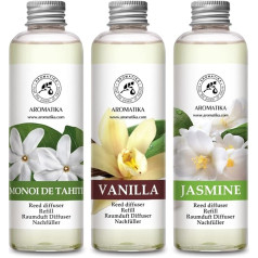 Uzpildes komplekts smaržu difuzoram Monoi de Tahiti & Vanilla & Jasmine 600 ml - 3 x 200 ml - Uzpildes komplekts smaržu difuzoram - Niedru difuzora uzpilde - Telpu aromāts - Telpu smaržas - Uzpildes komplekts difuzoram -