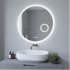 AQUABATOS® Vannas istabas spogulis ar apgaismojumu, apaļš, 80 cm, LED kosmētikas spogulis, pulkstenis, kosmētikas spogulis, sienas spogulis, vannas istabas spogulis, spogulis ar apgaismojumu, aptumšojams ar sienu, auksti balts, 6400 K