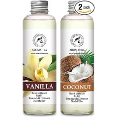 Telpu aromāta uzpildes pudele vaniļas un kokosrieksta 2 x 200 ml - uzpildes flakons smaržu difuzoram - intensīva dabīga aromāta smarža - telpas gaisa atsvaidzinātājs mājai - aromātiskais difuzors