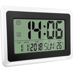 HeQiao Slim Large LCD digitālais modinātājs, kalendārs, datums, sienas pulkstenis, klusais galda pulkstenis (modinātāja taimera un temperatūras funkcija)