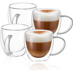 CNGLASS stikla kafijas tasītes, 250 ml/8,5 oz stikla tasītes ar dubultiem izolācijas sieniņiem un rokturi, caurspīdīgas espresso tasītes latte, kapučīno, tējas maisiņiem, 4 komplekti