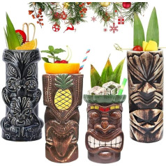 Tiki Mug Cocktail Set of 4 - Large Ceramic Tumblers, Hawaiian Luau Party Cups, Drinkware, Cute Exotic Cocktail Glasses, Professional Hawaiian Party Barware, TKSET0005