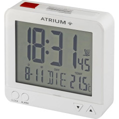 Atrium A740-0 Radio modinātājs Ceļojumu modinātājs Mazs digitālais kvarca LCD LCD sensora kontrolēts nakts apgaismojums Balts