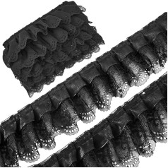 GORGECRAFT 10 jardi 3-slāņu kroku šifons ziedu mežģīnes apdares 65 mm plata RUFFled Mesh Organza malas lentes audums Ruffle Edge Trim izšūti šūšanai amatniecības kāzu kleita dekori melna