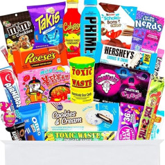 American Candy Box with 24 Viral Bestsellers - With Takis Chips, Prime Drink, Buldak Ramen, Calypso, Chocolate Bons Crispy etc. - 24 Sweets from Around the World - American Candy Candy Box