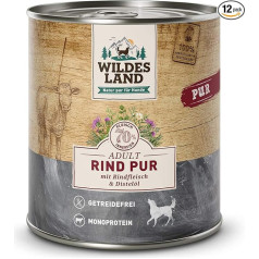 Wildes Land - Mitrā barība suņiem - PUR liellopu gaļa - 12 x 800 g - ar dadžu eļļu - bez graudaugiem - īpaši augsts gaļas saturs 70% - vislabākā pieņemamība un saderība