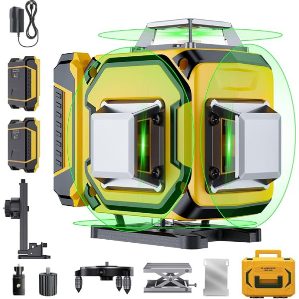 Level 360 pašizlīdzinošs, 4 x 360° profesionāli 4D zaļās krustlīnijas skalas ar 2 baterijām, regulējamu spilgtumu un tālvadības pulti celtniecībai un attēlu piekāršanai.