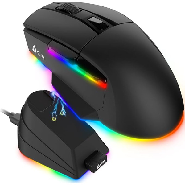 KLIM Blaze X RGB + uzlādējama bezvadu spēļu pele ar lādēšanas staciju + ilgi kalpojošs akumulators + līdz 12000 DPI + vadu un bezvadu pele PC, PS5, PS4, Mac + melnā krāsā