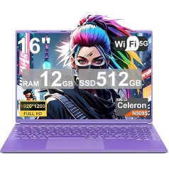 NOTODD Laptop 16 Inch 12 GB RAM 512 GB ROM Extensions 2.5 Inch 1 TB SSD, Laptop Win 11 with 4-Core CPU N5095 (up to 2.9 GHz), 1920 x 1200丨5G WiFi, Bluetooth & German Keyboard Sticker Purple