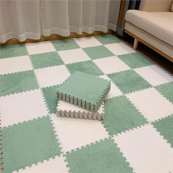 KLYso 40 savstarpēji savienojamu paklāja flīžu iepakojums, 30,5 x 30,5 x 1 cm, sabiezināts kvadrātveida putuplasta mīklu paklājs, pūkains, pūkains putuplasta grīdas paklājs (piparmētru zaļa + balta)