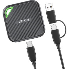 KEXIN Extreme Portable SSD 512GB, portatīvais SSD 512GB, USB 3.2 Gen 2x2, 2000MB/s nolasīšanai, 1800MB/s ierakstīšanai, USB C izturīgs cietais disks Mac, PC un viedtālruņiem, melns