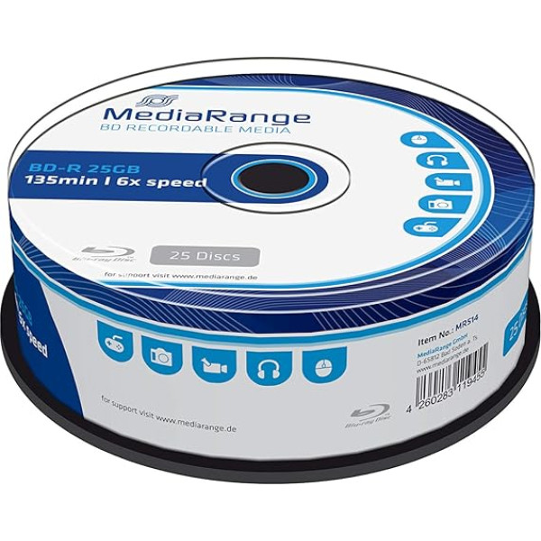 MEDIARANGE BD-R 25GB 6x rakstīšanas ātrums, 25 gab.