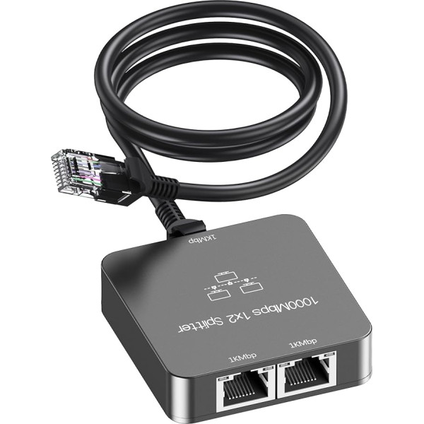 Uzifhdhi Ethernet sadalītājs no 1 līdz 2 ar Ethernet kabeli, Gigabit RJ45 interneta sadalītāja adapteris 1000 Mbps ātrgaitas Cat 5/5e/6/7/8 kabelim, pelēks