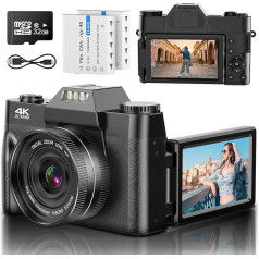Digitālā kamera 4K 48MP Vlogošanas kamera ar 3 collu 180 grādu flipekrānu, 16X digitālā tālummaiņas kamera fotografēšanai ar automātisko fokusu un 32 GB karti un 2 baterijām pusaudžiem studentiem bērniem zēniem meitenēm