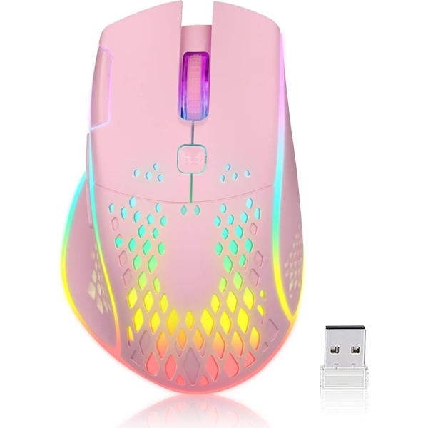 VEGCOO spēļu pele, programmējama vadu spēļu pele ar dubultklikšķi, RGB LED apgaismojums, ergonomiska pele, 6 līmeņu regulējams DPI, datorspēļu pele, optiskā pele portatīvajam datoram (rozā)