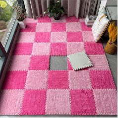 CucCe Plüsch Schaum Fußmatten 10 Stück ineinandergreifende Plüschschaum-Bodenteppichpolster, quadratischer Puzzle-Schaumstoffteppich, DIY-Anti-Rutsch-Teppich Schaumteppich(Pink + Rose Red)