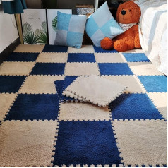 CucCe Plüsch Schaum Fußmatten Plüschschaum-Bodenmatte, Schaumstoff-Puzzleteppich, Heimdekoration, 18 Fliesen, ineinandergreifender Plüschteppich, Kletterteppiche Schaumteppich(Navy Blue+Apricot)