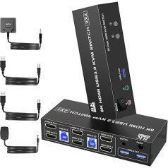 USB 3.0 HDMI KVM Switch 2 PC 2 Monitors, 8K @ 60Hz KVM Switches for 2 Computers Share Dual Monitors and Audio Microphone Output and 3 USB 3.0 Ports such as Keyboards, Mice and U Disk