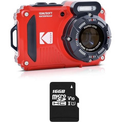 Kodak Pixpro Pack WPZ2 + 1 SD karte, kompaktā digitālā kamera, 16 megapikseļu, ūdensizturīga līdz 15 m, triecienizturīga, video 720p, LCD 2,7 collu LCD displejs - litija jonu baterija - sarkana