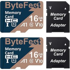 ByteFest 2 Pack 16GB MicroSD karte ar adapteri, ātrdarbīga MicroSDHC UHS-I atmiņas karte U1 C10 A1 Full HD video mobilajam telefonam MP3 atskaņotājam Dash Cam kamerai