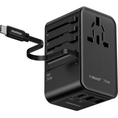 MOMAX ceļojuma adapteris 70W GaN ar uzlādes kabeli USB C, starptautisks universāls adapteris ar 2UAB A / 2USB C ASV, Apvienotajai Karalistei, Japānai, ES, Austrālijai un Kanādai