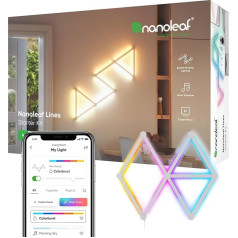 Nanoleaf Lines 60 grādu starta komplekts, 9 viedās LED RGBW gaismas lentes - modulāra WLAN 16 miljonu krāsu sienas gaisma iekštelpās, mūzikas un ekrāna sinhronizācija, darbojas ar Alexa Google Apple, dekorēšanai un spēlēm