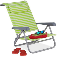 Relaxdays saliekamais klāja krēsls, 8 līmeņu regulējams, pludmales krēsls ar kakla spilvenu, roku balstiem un pudeļu atveri, zaļš/balts, 1 gabals, 10035905