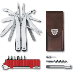 VICTORINOX Swiss Tool Spirit X Plus Ratchet, 36 funkcijas, Šveices ražots multifunkcionāls instruments ar bloķējamu asmeni, ādas futrālis, sudraba krāsā