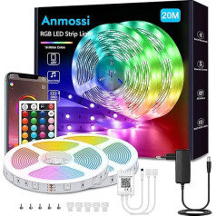 Anmossi LED lente 20 m, viedā Bluetooth RGB LED lente, SMD 5050 LED gaismas, vadāma ar lietotni un tālvadības pulti, mūzikas sinhronizācijas LED lente guļamistabai, viesistabai, virtuvei, ballītei, TV dekorēšanai