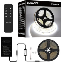 BUNACET COB LED lente 6 m, LED lente Cool White Dimmable 6500 K, CRI90+ Gaismas josla LED lentes ar barošanas avotu un RF tālvadības pulti virtuvei, guļamistabai, viesistabai, skapim, spogulim