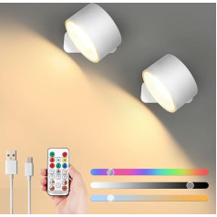 Lightsjoy LED sienas lampa Iekštelpu bezvadu sienas lampas ar akumulatoru 2 gab. tālvadības pults un skārienvadība 360° rotējoša sienas lampa RGB 3 krāsu temperatūras guļamistabai, gaitenim un priekšnamam