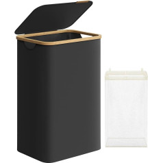 SONGMICS LCB509B01 Veļas grozs ar vāku, veļas kaste 90 L, noņemams veļas maisiņš, Oksfordas audums, bambusa rokturi, saliekams, 42 x 32 x 70,5 cm, tintes melns
