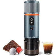 CONQUECO portatīvais espresso aparāts Elektriskais kafijas aparāts: 12 V auto ceļojumu ekspresmašīna - pašsildoša, 8 tasītes, darbojas ar akumulatoru, saderīga ar Nespresso kapsulām - kempingam (dūmu zila).