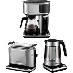 Russell Hobbs brokastu komplekts: stikla kafijas automāts (Barista: aukstā brūvēšanas funkcija, piena putotājs) + tosteris (neatkarīgi no maizes) + stikla tējkanna (temperatūras iestatījums un tējas sietiņš) [Uzmanības sērija]