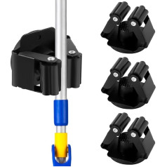 4 x Hanging Mop and Broom Holder, Magnetic Broom Holder, Robust Mop Holder, Broom Holder, No Drilling, Broom Storage Rack, Black Mop Holder, Wall Mount for Laundry, Garage, Kitchen