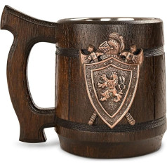 TESLYAR 0.6 L Handcrafted Beer Mug - Wooden Tankard | Authentic Medieval Thor Mug - Beer Gifts for Men or Xmas Gifts for Men | Stainless Steel Viking Gifts | Knight Metal Shield