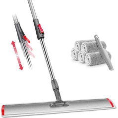 Myiosus plakana mopa, 60 cm plata, 5 mikrošķiedras mopas spilventiņi un 1 skrāpis, liela plakana mopa ar 137 cm regulējamu nerūsējošā tērauda rokturi, paredzēta cietkoksnes flīzēm, marmoram, laminātam.