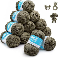 Bērnu adāmadatas dzija 12 x 50 g / bumbiņa, 100% akrila ātrā adīšanas dzija iesācējiem un bērniem, bērnu dzija adīšanai un tamborēšanai, mīksta un viegli kopjama vilna rokdarbiem (militāri zaļa)