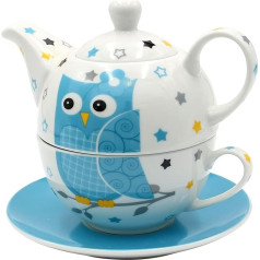 Dekohelden24 Porcelāna tējkannu komplekts / tējkanna vienam ar pūci baltā/zilā krāsā, 3 gabali, D/Š/V 16 x 14 x 10 cm, ietilpība 400-200 ml, 10 cm