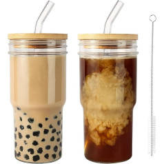 Xeiwagoo atkārtoti lietojams stikla glāzītes tumbls, burbuļtējas kauss, 2 iepakojums, plats 22 oz, ledus kafijas stikla kauss ar bambusa vāku un salmiņu, Mason Jar kauss, tumbls, tumbls, tumbls, tumbls