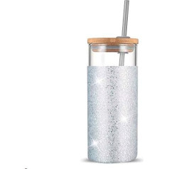 Tronco Stikla tumbls ar salmiņu un vāku, 20 oz stikla tumbls ar vāku un salmiņu, ledus kafijas tasīte, atkārtoti lietojama smūtijam paredzēta glāze, bambusa vāks un aizsargājoša silikona uzmava, nesatur BPA
