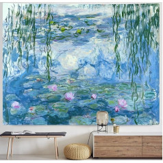 IcosaMro Monet Lotus Tapestry Wall Hanging Sienas māksla ar apmale malām, mājas dekors guļamistabai, koledžas kopmītnei, zils, 51 x 60 collas