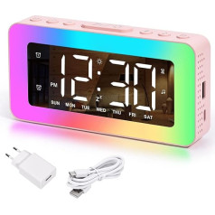 SZELAM Digitālais modinātājs, RGB krāsainais modinātājs guļamistabai, divkāršs modinātājs ar dienas/nedēļas/nedēļas nogalē signālu, USB uzlādes pieslēgvieta, Snooze, īpaši skaļš, aptumšojams spoguļstabiņš bērniem, zēniem un me