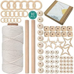 Coopay Starter makrame komplekts, makrame komplekts iesācējiem un bērniem, ietver makrame auklu 3 mm x 50 m, dabīgā koka dībeļus, koka riņķus un apaļas pērlītes makrame augu pakaramam vai sienas piekaramam.
