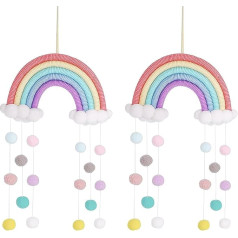 Xinzistar Rainbow Wall Hanging Decoration Rainbow Clouds Wall Hanging Tapestry Pompom Felt Balls Macrame Woven Photo Prop for Home Nursery Party Decor (2 Pack)
